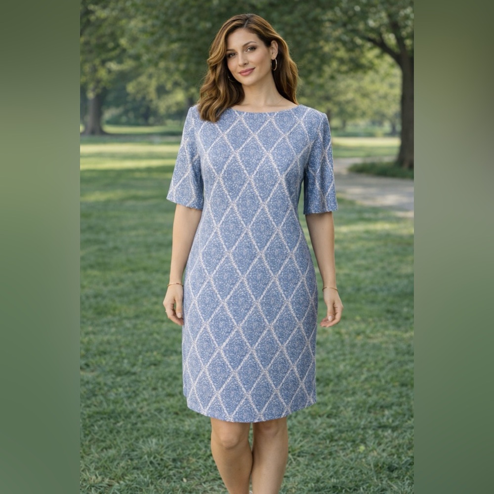 Elizabeth McKay Shift Dress S Small Blue White Stretch Career Church NEW